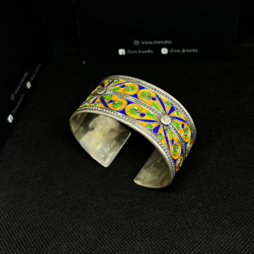 Berber Enameled bracelet blue yellow green in 925 silver, Amazigh bracelet in handcrafted filigree silver, handmade bracelet in Tiznit