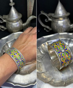 Berber Enameled bracelet blue yellow green in 925 silver, Amazigh bracelet in handcrafted filigree silver, handmade bracelet in Tiznit