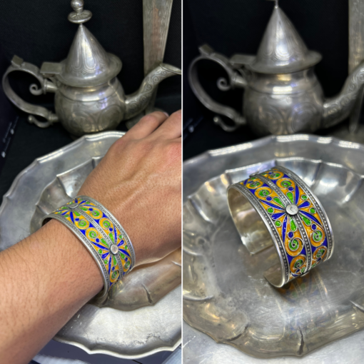 Berber Enameled bracelet blue yellow green in 925 silver, Amazigh bracelet in handcrafted filigree silver, handmade bracelet in Tiznit