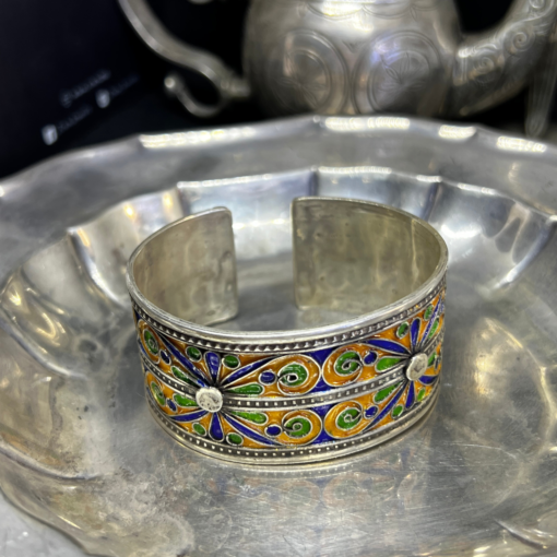 Berber Enameled bracelet blue yellow green in 925 silver, Amazigh bracelet in handcrafted filigree silver, handmade bracelet in Tiznit