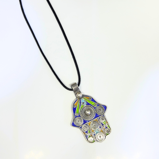 Moroccan Enamel Hamsa | Handmade Berber Necklace in Silver