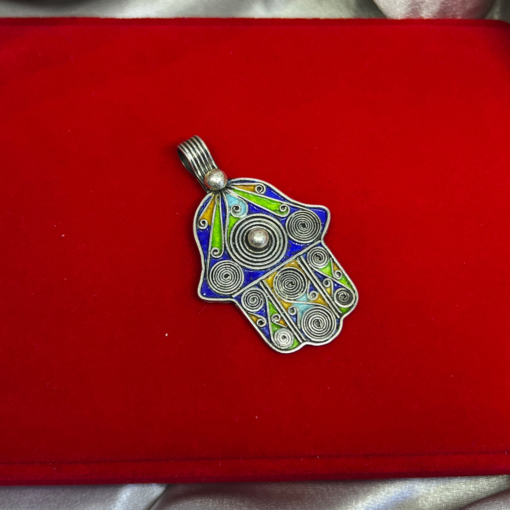 Moroccan Enamel Hamsa | Handmade Berber Necklace in Silver