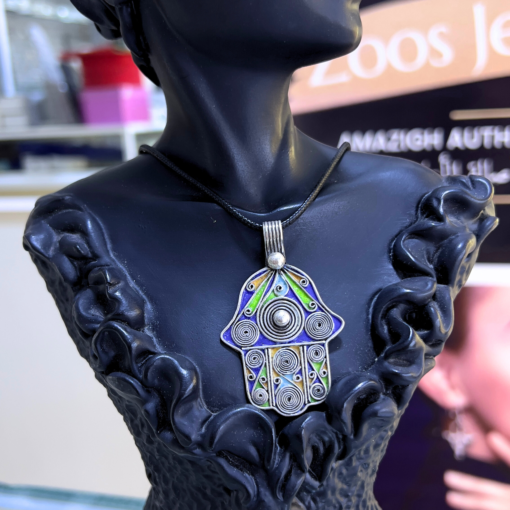 Moroccan Enamel Hamsa | Handmade Berber Necklace in Silver