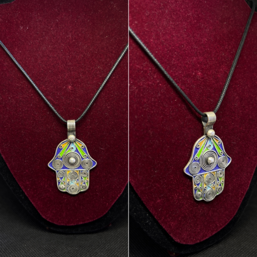 Moroccan Enamel Hamsa | Handmade Berber Necklace in Silver