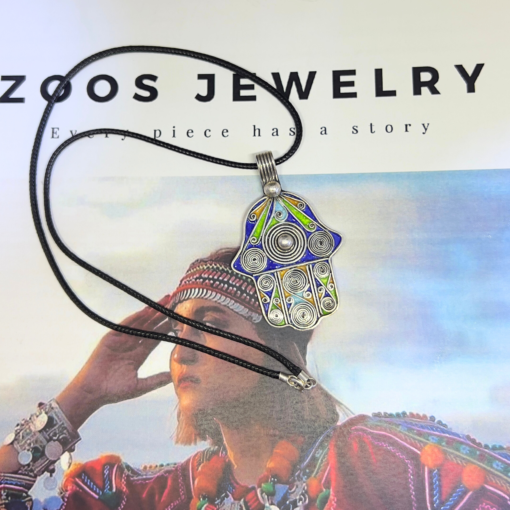 Moroccan Enamel Hamsa | Handmade Berber Necklace in Silver